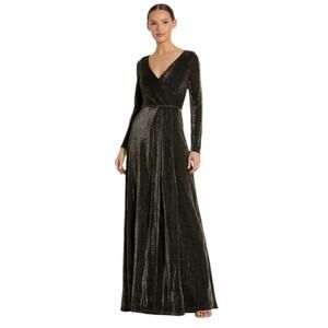 Mac Duggal Size 16 NEW Black Gold Long Sleeve Faux Wrap A Line Formal Gown 49088